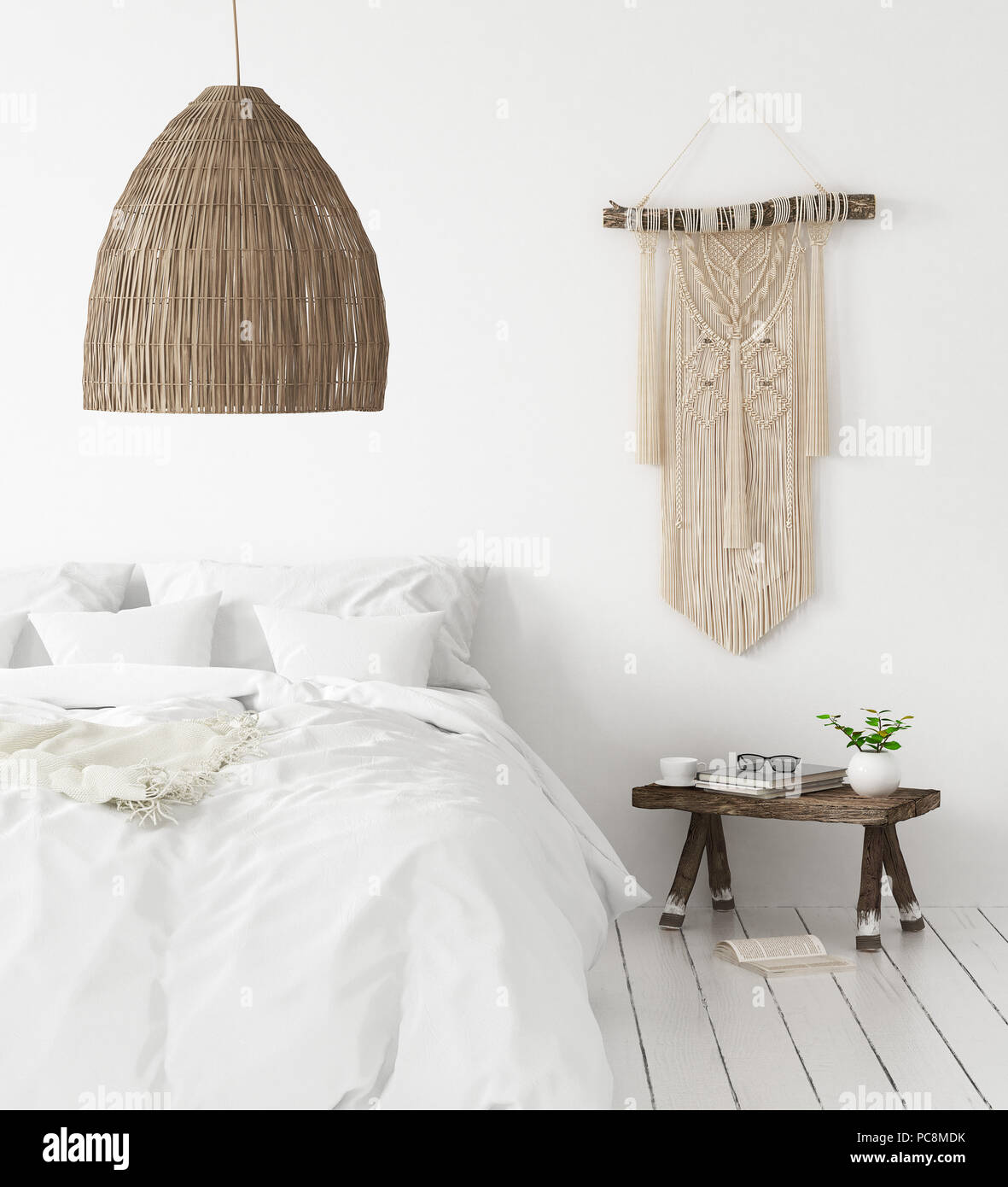 Scandi-boho style bedroom, 3d render Stock Photo