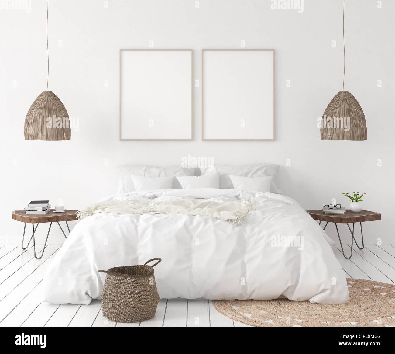 Download Mock Up Poster Frame In Bedroom Scandinavian Style 3d Render Stock Photo Alamy