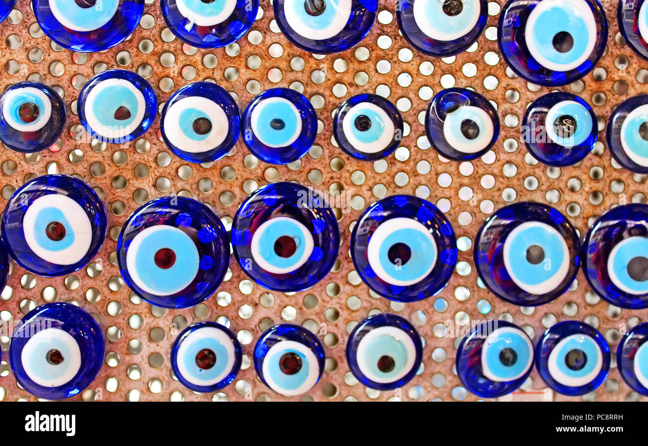 Group of traditional Turkish Amulet Evil Eye, the blue eye also known as Nazar Boncugu Stock Photo