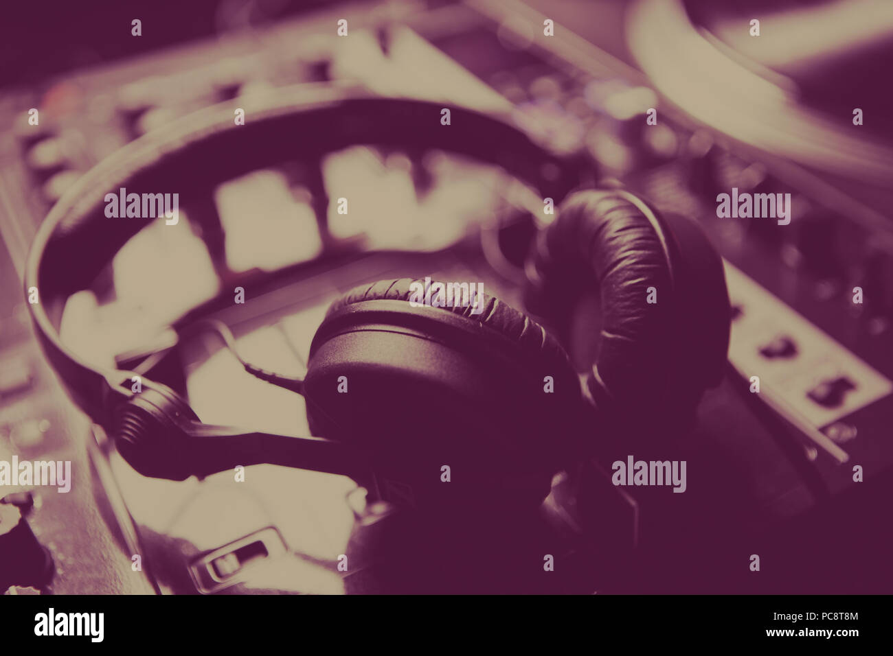 Dj Headphones On Sound Mixer In Nightclub Professional Stage Audio Equipment In Close Up Play And Mix Tracks On Concert In The Club Headset For Disc Stock Photo Alamy