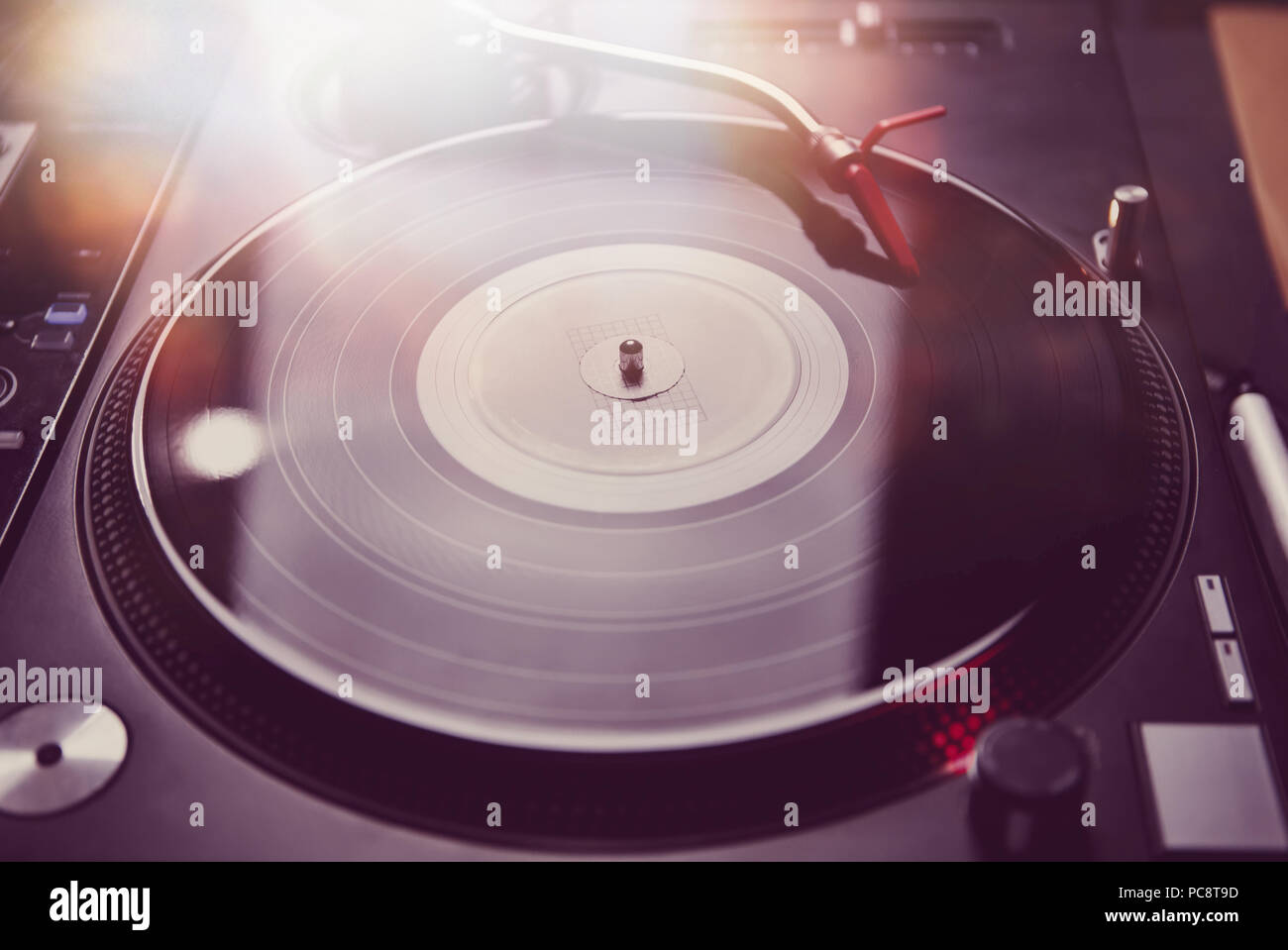 Professional disc jockey audio equipment on concert stage.Scratch vinyl