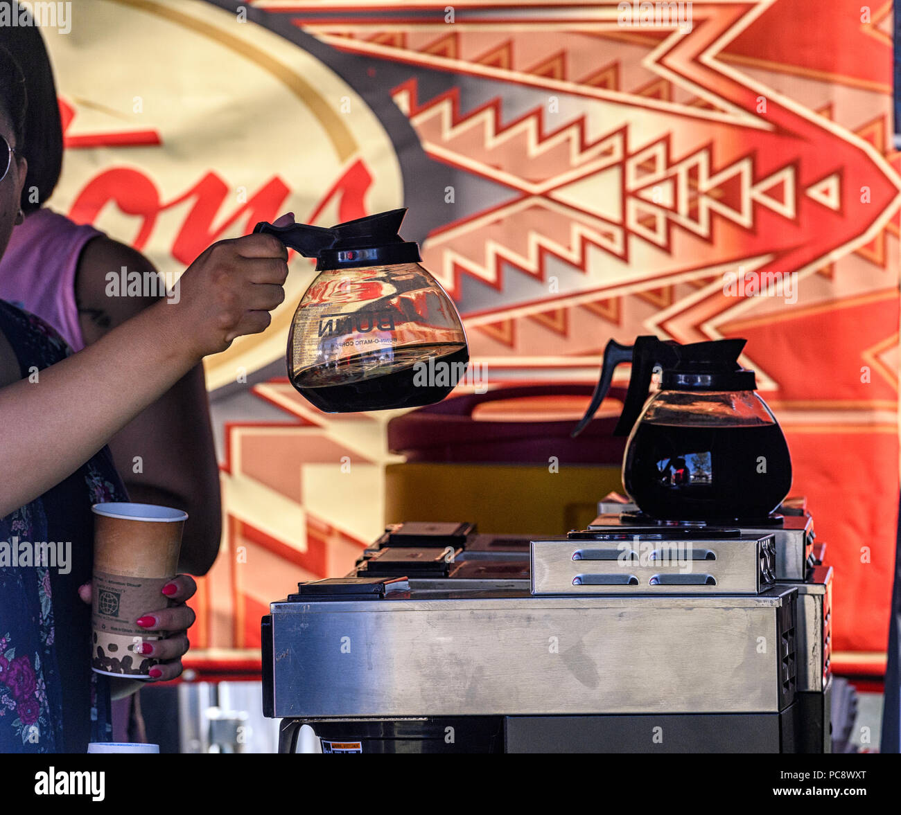 Coffee is served at Tim Horton's mobile store. Tsuu t'ina Nation’s Powwow. Stock Photo