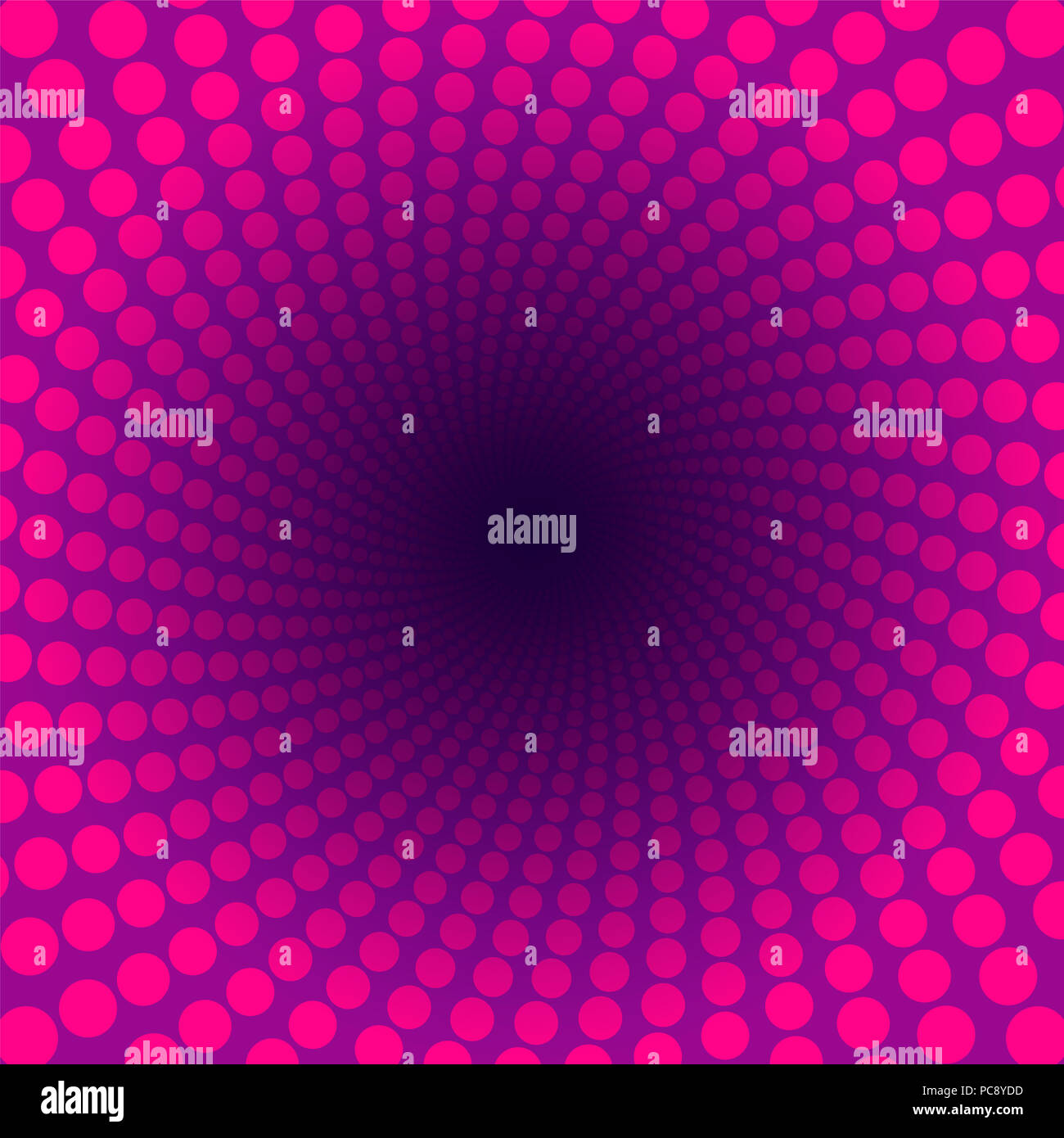 Spiral pattern of pink dots in a purple tunnel with dark center. Happy girl power illustration. Stock Photo