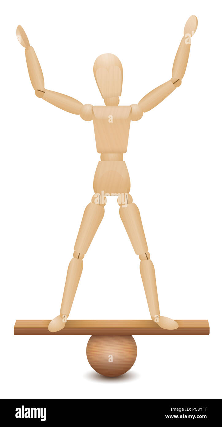 Safe position. Balancing act of a wooden figure standing with a secure and confident feeling and poise on an unstable construction. Stock Photo