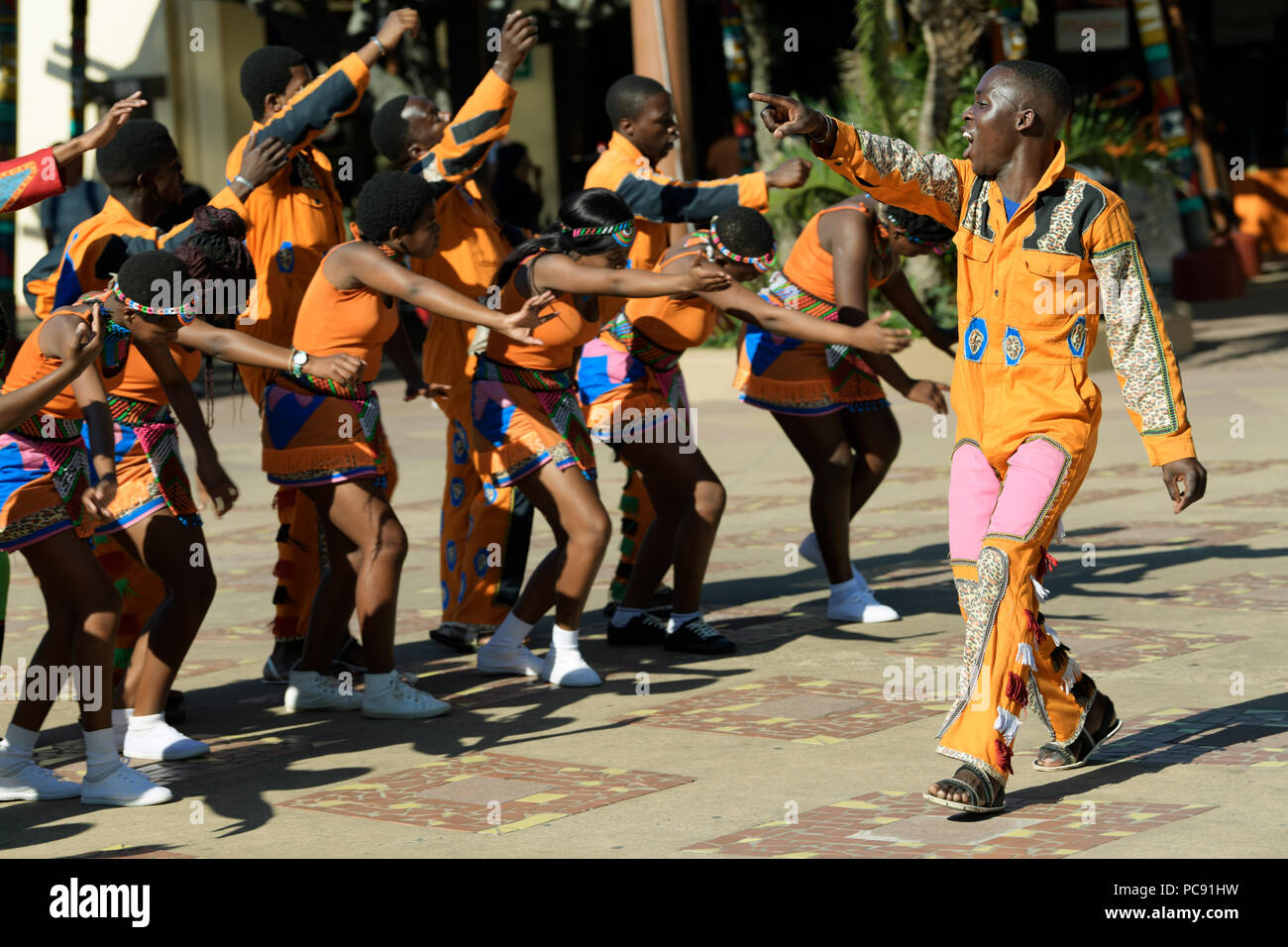 Young adult Zulu male leading cultural dance performers, Durban, South Africa Stock Photo