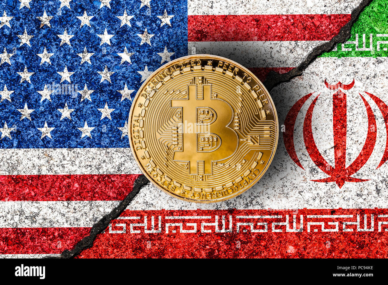 Bitcoin with Iranian and USA flags in background/Iran USA conflict concept Stock Photo