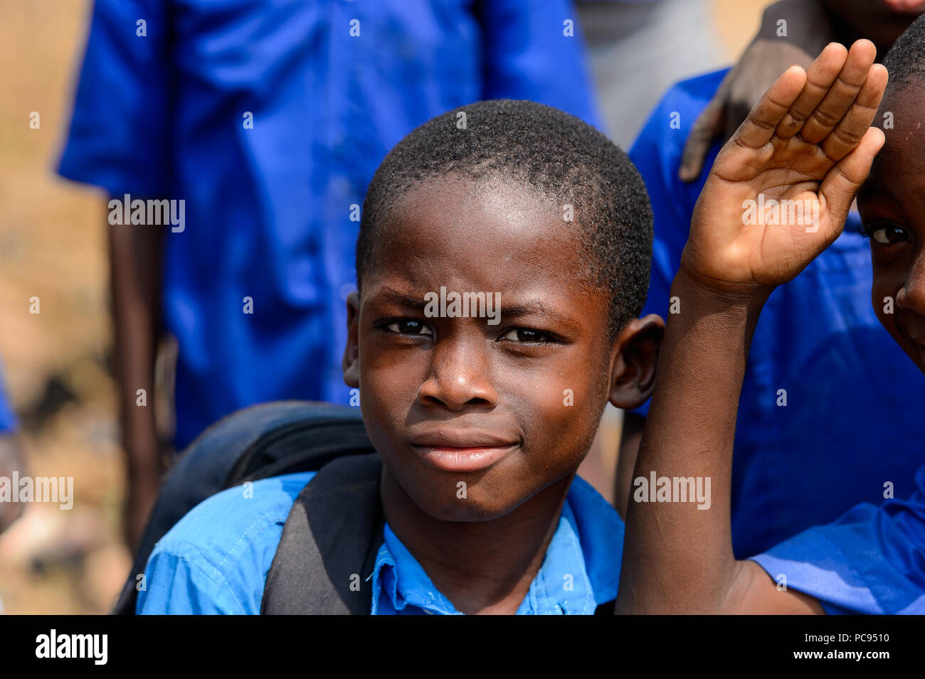 PIRA, BENIN - JAN 12, 2017: Unidentified Beninese little boy in a blue