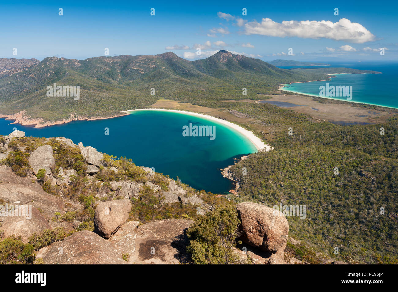 Famous Wineglass Bay in Freycinet National Park. Stock Photo