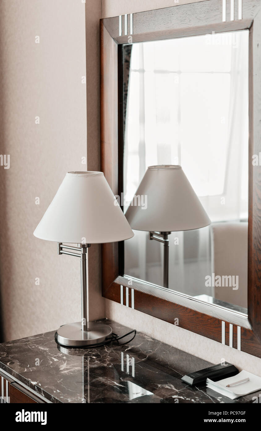 Interior Hotel Apartment Comfortable Room Mirror And Desk