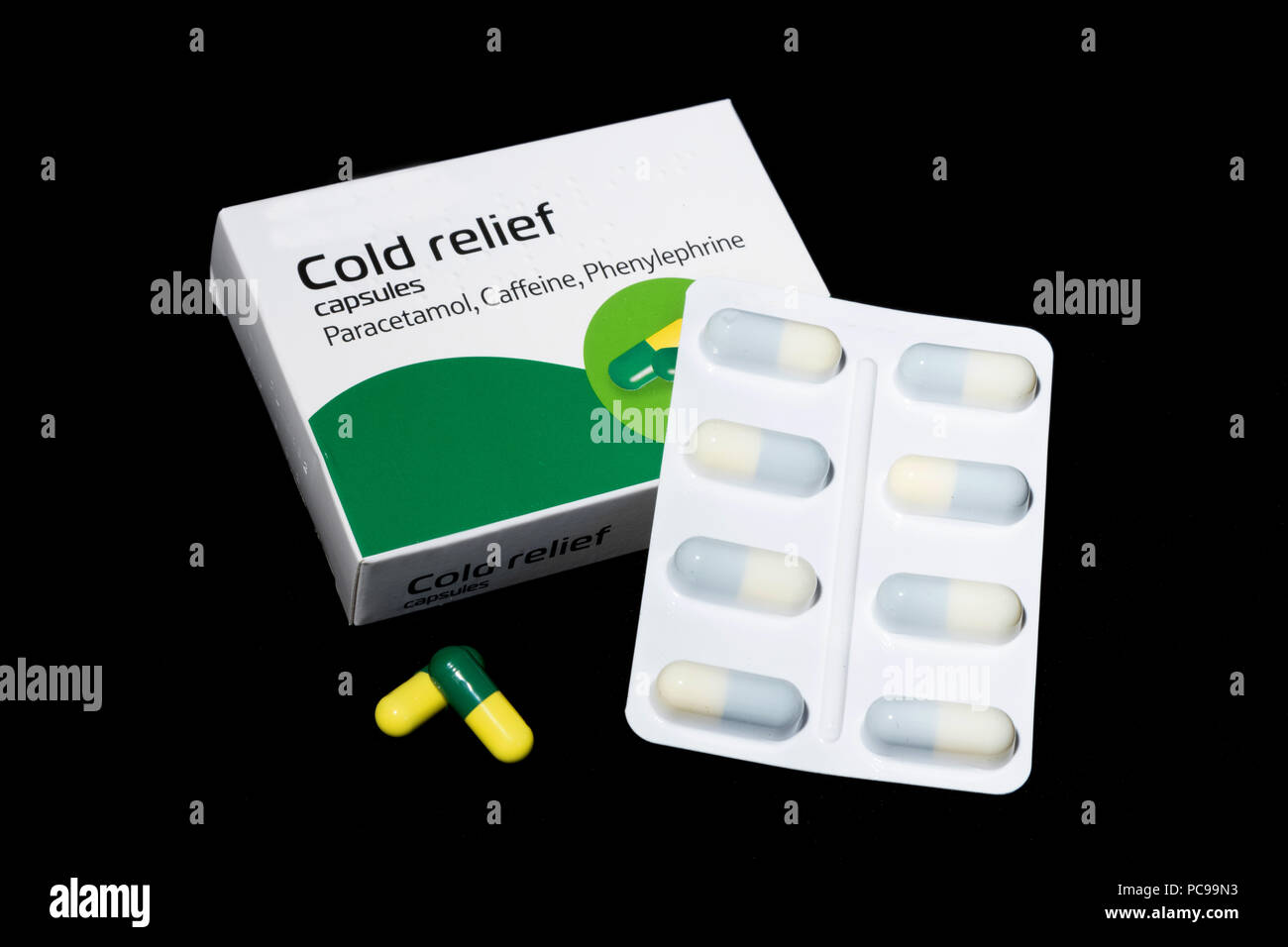 Head cold relief medication capsules with paracetamol, caffeine and  phenylephrine. Colds are the main reason for adults missing days at work  Stock Photo - Alamy