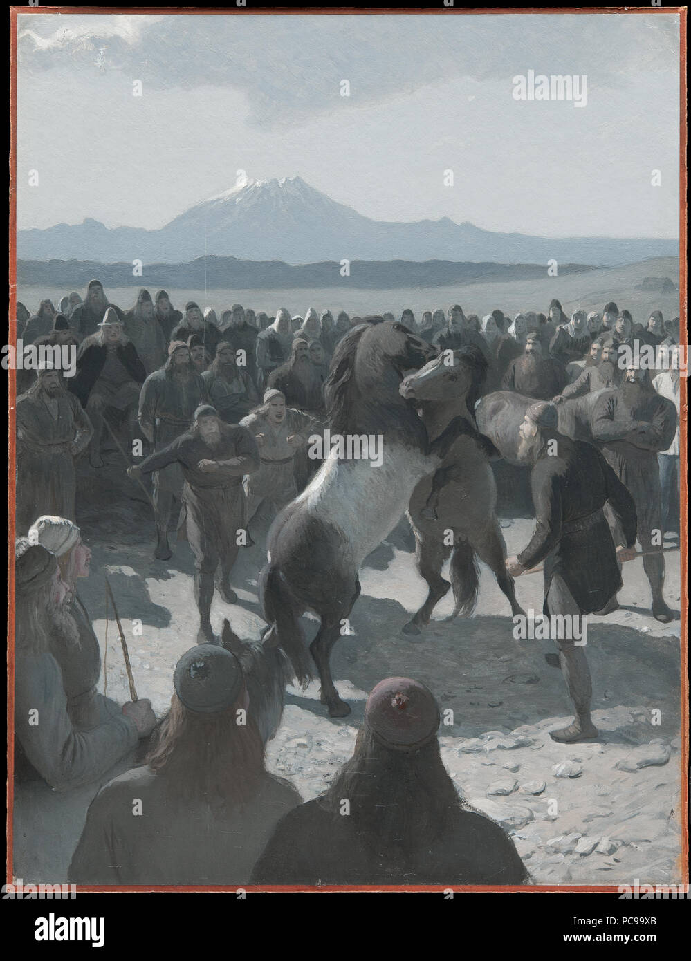 1 -The Horse-Fight at Hlidarendi. Illustration for Njal’s Saga, ch. 59 (August Malmström) - Nationalmuseum - 135375 Stock Photo