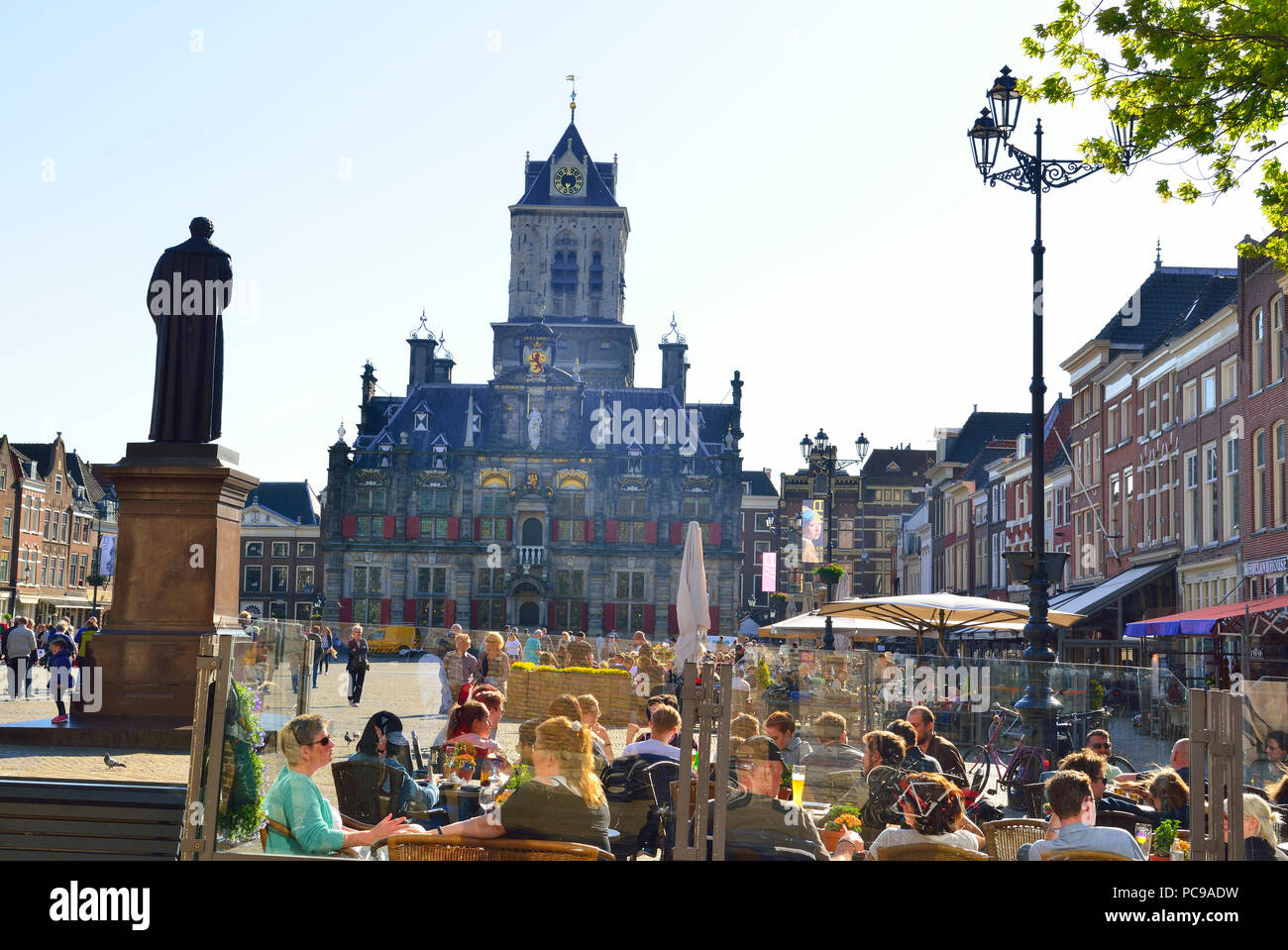 The main square or Markt Square  in the centre of Delft with a view of the Town Hall or Stadhuis Delft,  Holland, Netherlands Stock Photo