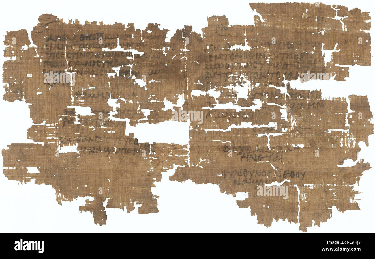 Bibelorakel: Jede Seite enthält einen nummerierten Vers aus dem Evangelium nach Johannes: 3, 14–15 (Seite 1); 3, 16–18 (Seite 2); 4, 9 (Seite 3); 4, 10 (Seite 4). Nach jedem Vers folgt eine kurze Auslegung auf Griechisch, die dann vom Wort ἑρμηνία eingeleitet auf Koptisch wiederholt wird. 6. Jh. n.Chr. 467 Papyrus 63 - Staatliche Museen zu Berlin inv. 11914 - Gospel of John 3,14-18 4,9-10 - recto Stock Photo