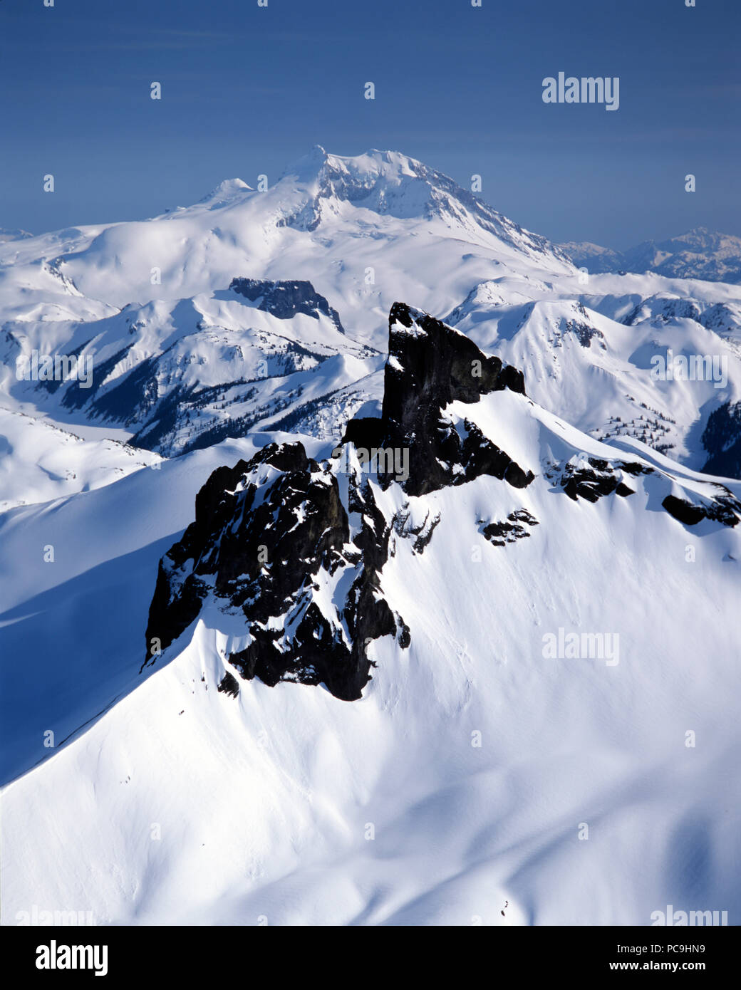 The Black Tusk and Mount Garibaldi aerial from North, Garibaldi Provincial Park, British Columbia, Canada Stock Photo