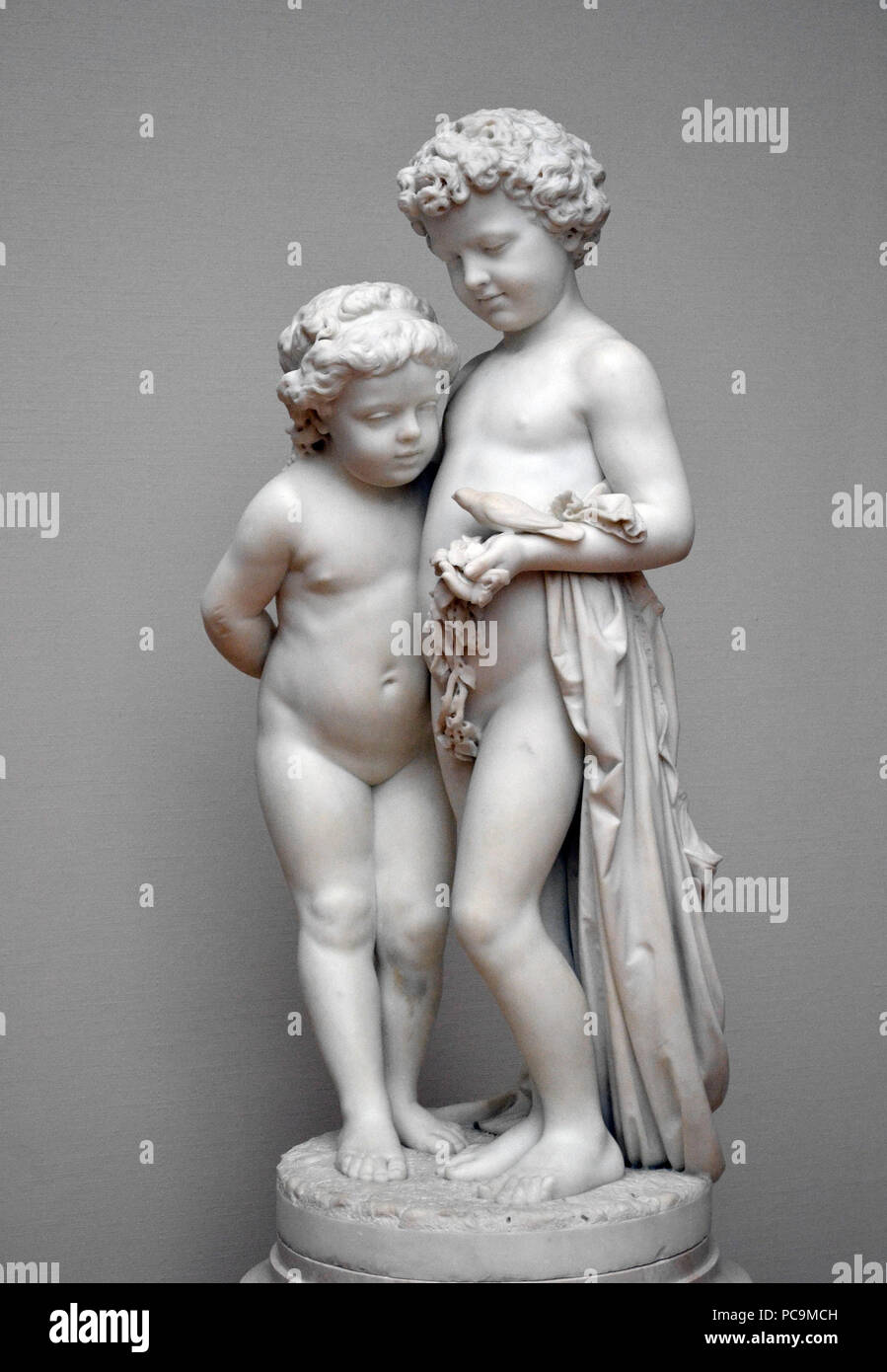 39 Girl and Boy with a Bird by N Laveretsky 1868 Stock Photo