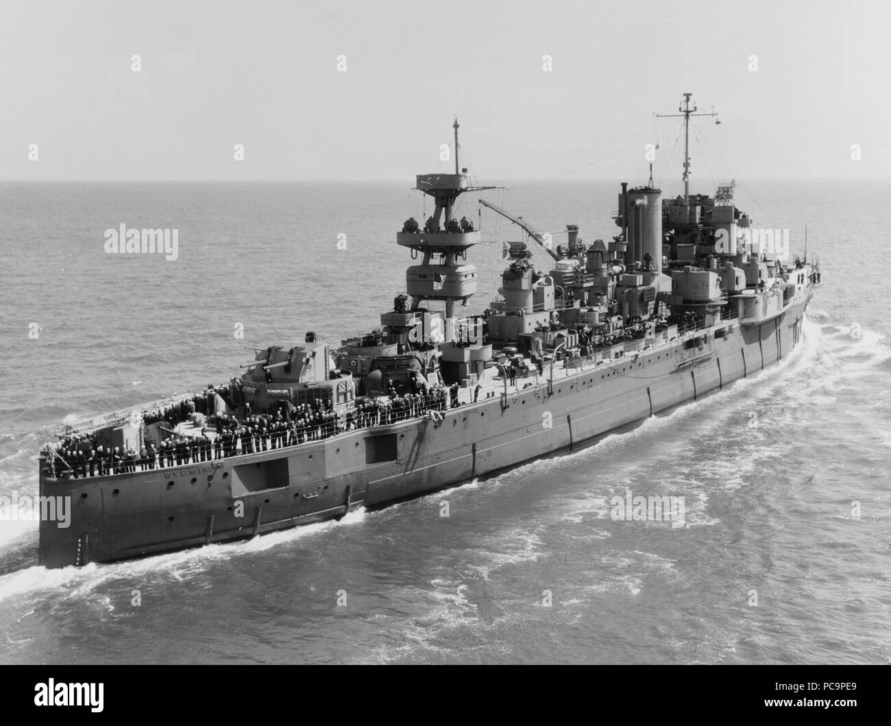 Aft view of USS Wyoming (AG-17) underway in the Atlantic on 30 April 1945. Stock Photo