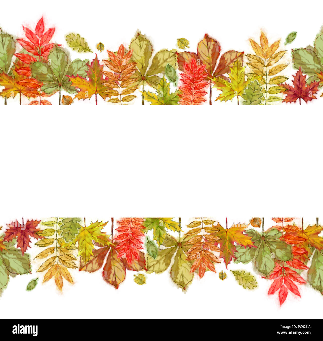 Autumn Leaves Seamless and Continuous Border. Watercolor Autumnal Design for Print, Banner, Textile Edge, Cards, Invitations, Announcement etc. Stock Photo