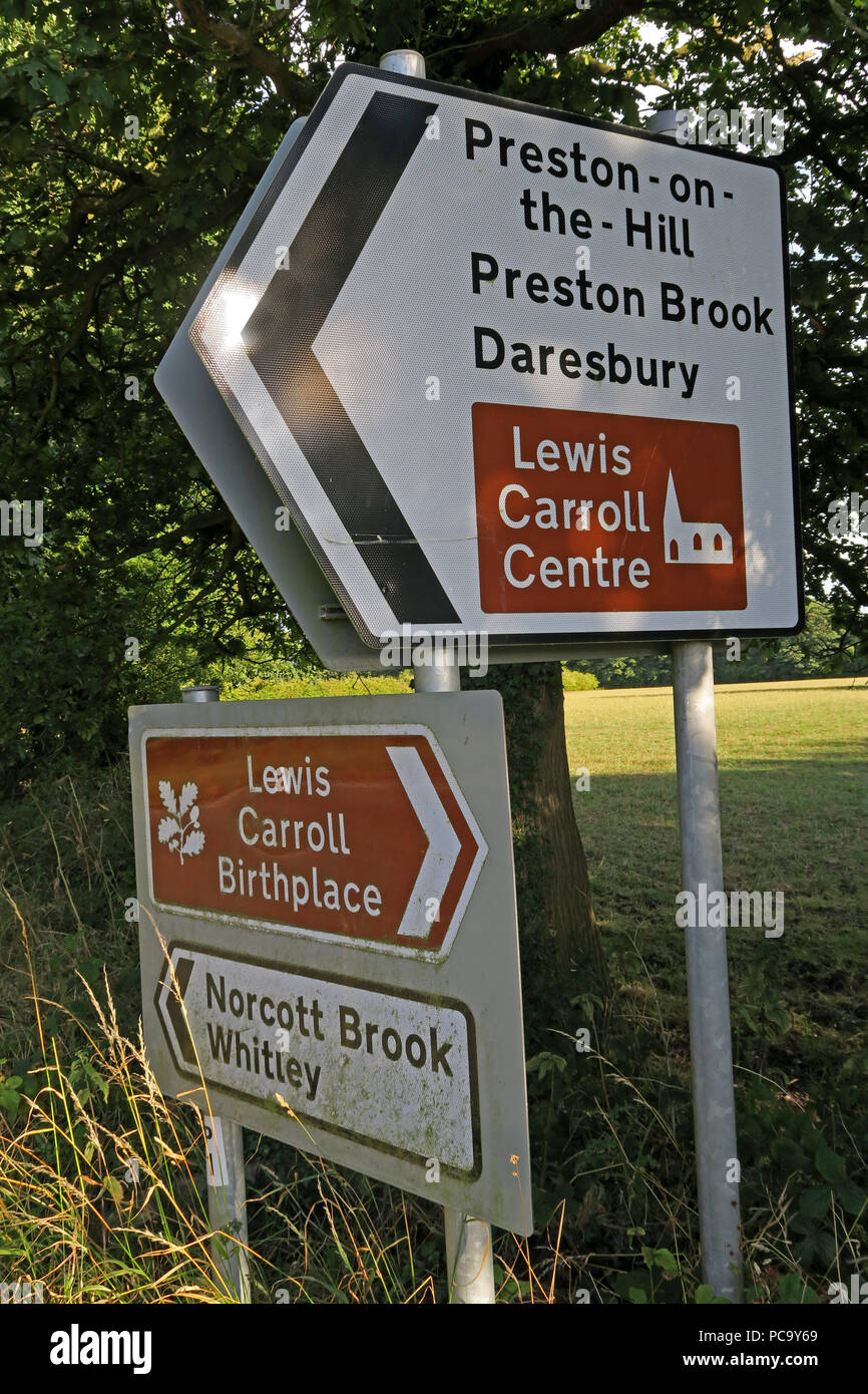 Lewis Carroll Centre / Birthplace signs, Daresbury, Warrington, Cheshire, North West England, UK Stock Photo