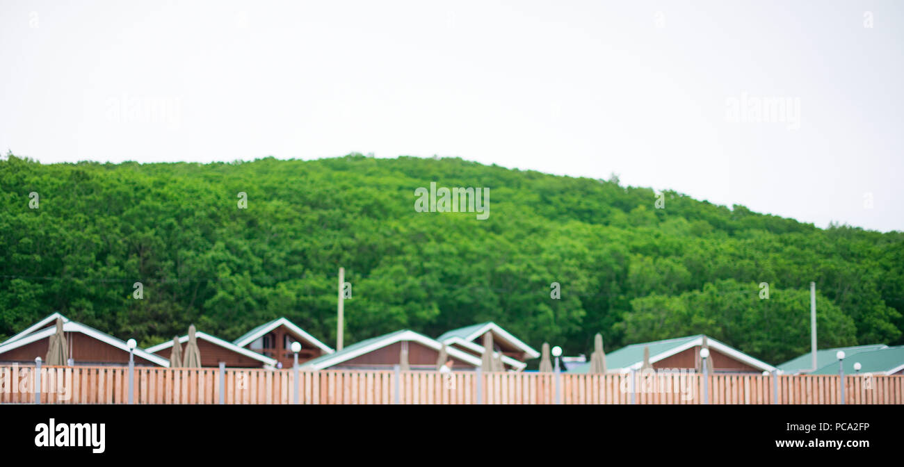 Banner Rustic Landscape Wooden Houses Hill Forest Sky Defocus