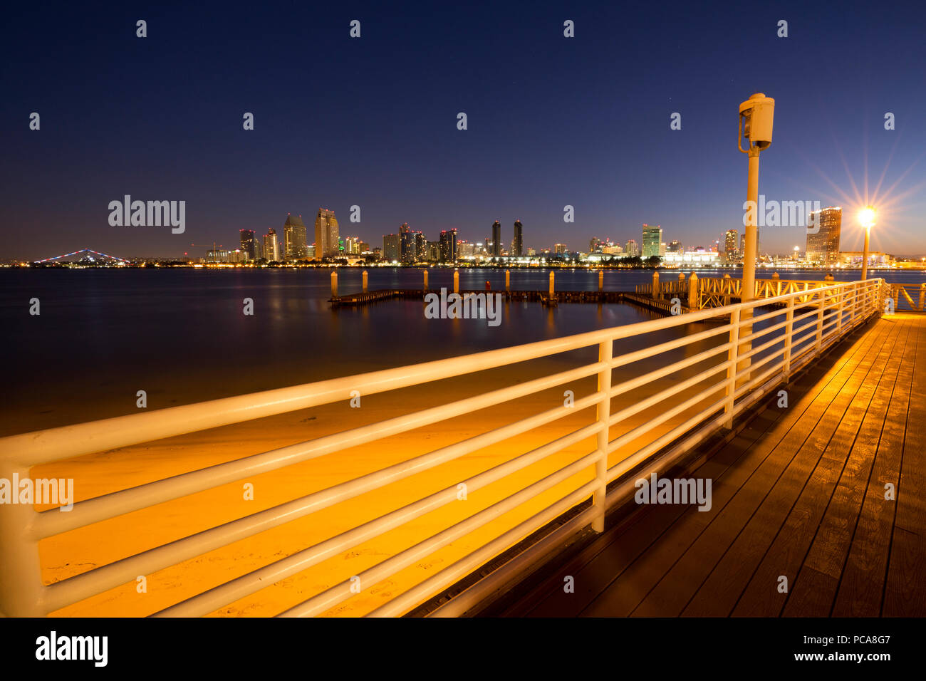 Pre-Dawn view of San Diego Skyline from Ferry Landing on Coronado Island Stock Photo