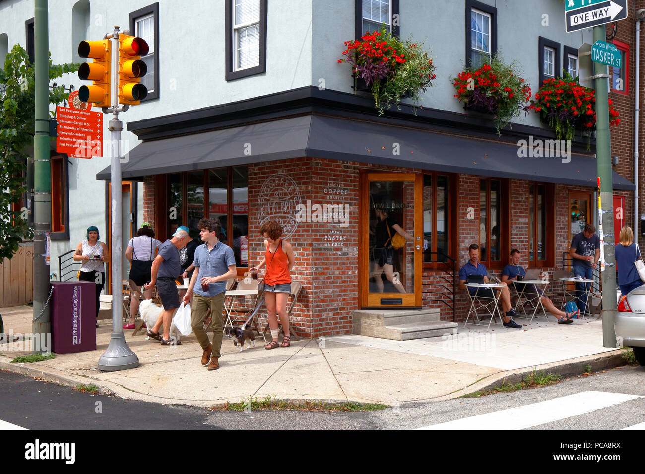 Rival Bros Coffee Bar, 1100 Tasker St, Philadelphia, PA. exterior of a coffee shop, and sidewalk cafe in passyunk square. Stock Photo