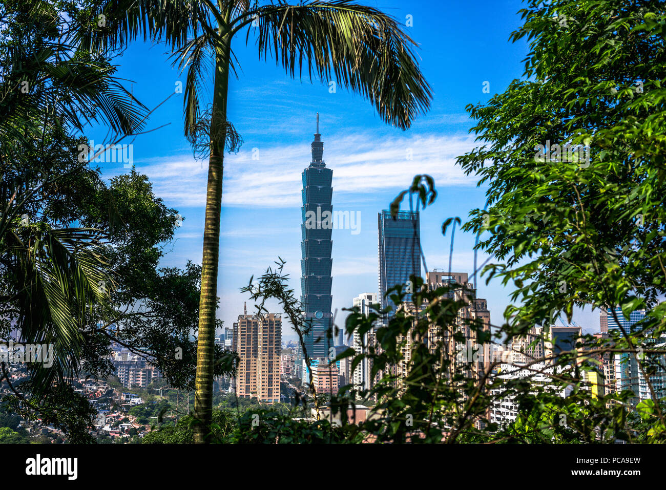 Taipei city skyline buildings in middle of nature viewed from Elephant mountain in Taiwan Stock Photo