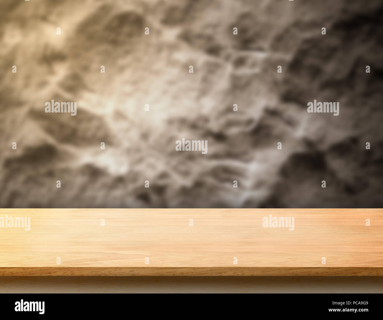 wooden plank table top at blurred rough stone wall,Template mock up for