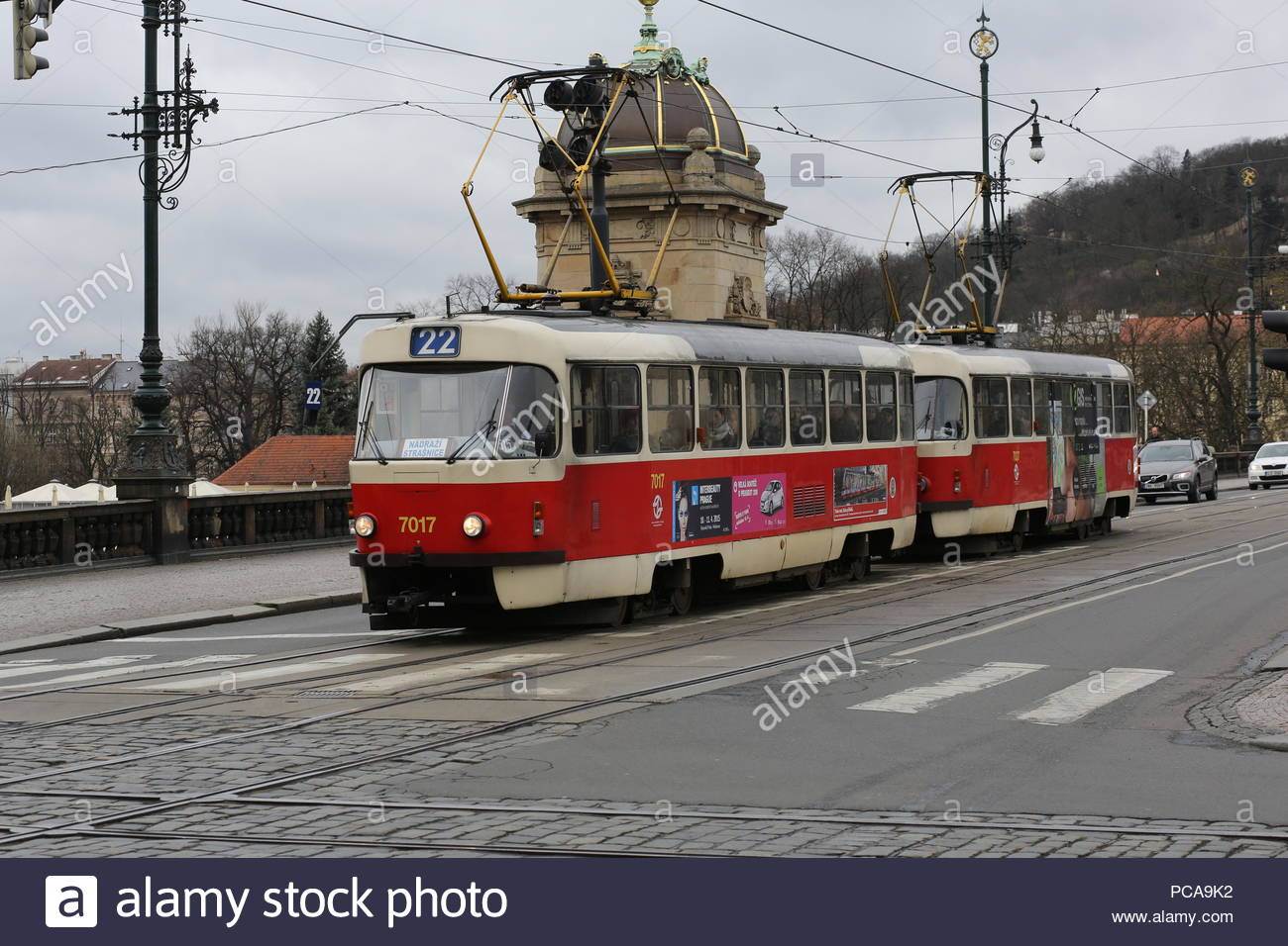 A tram in prague passing across the city Stock Photo Alamy