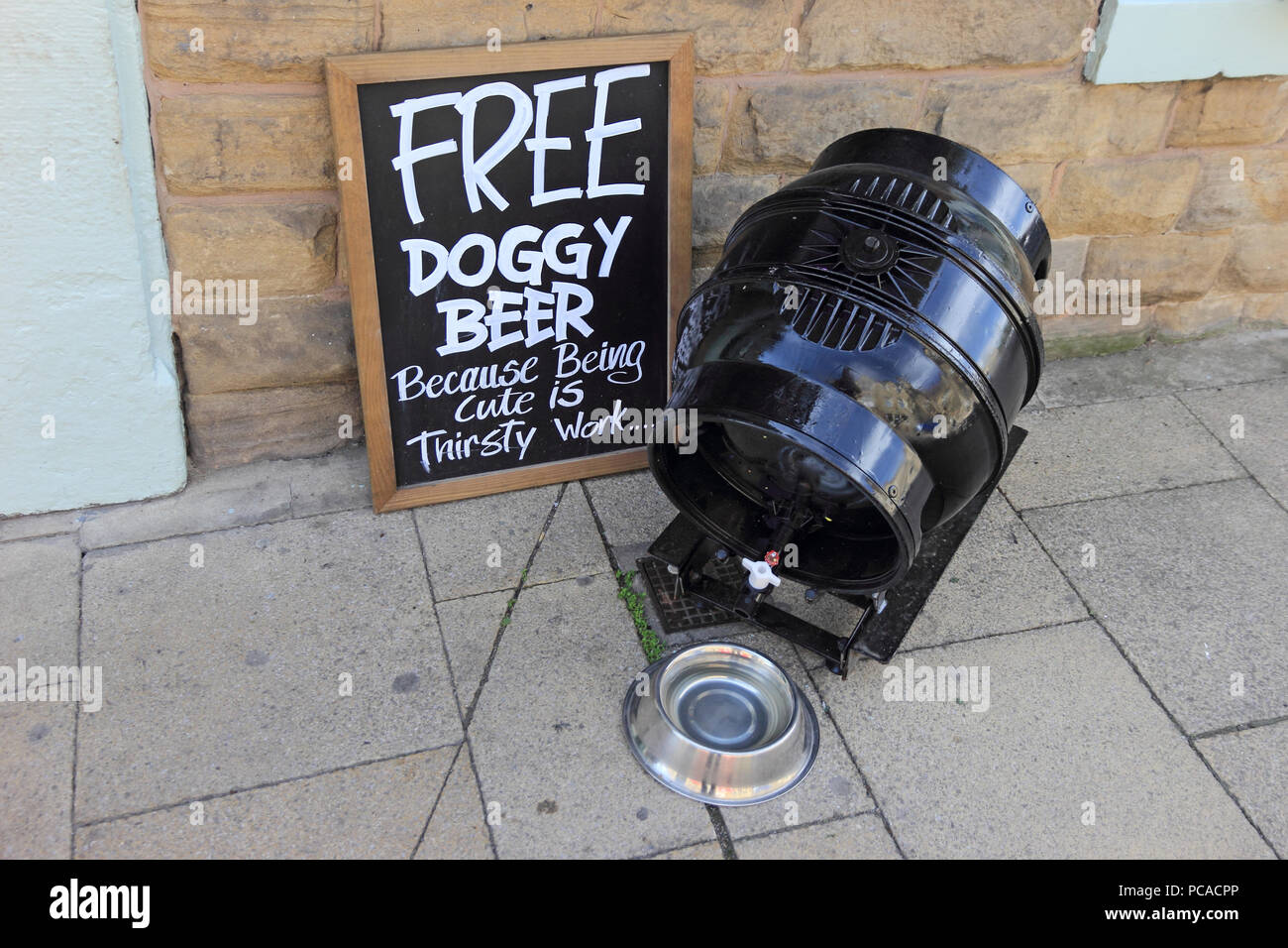 Barrel of Doggy Beer, outside pub, Hebden Bridge Stock Photo