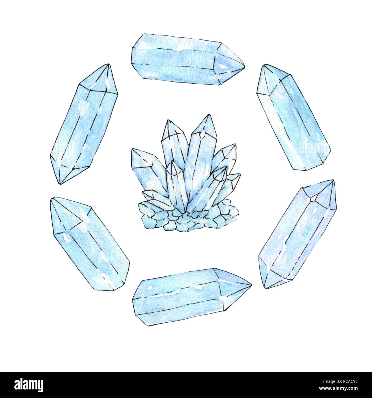 Set of hand painted watercolor and ink blue crystals and cluster isolated on the white background. Aquamarine minerals and gemstones illustration. Stock Photo