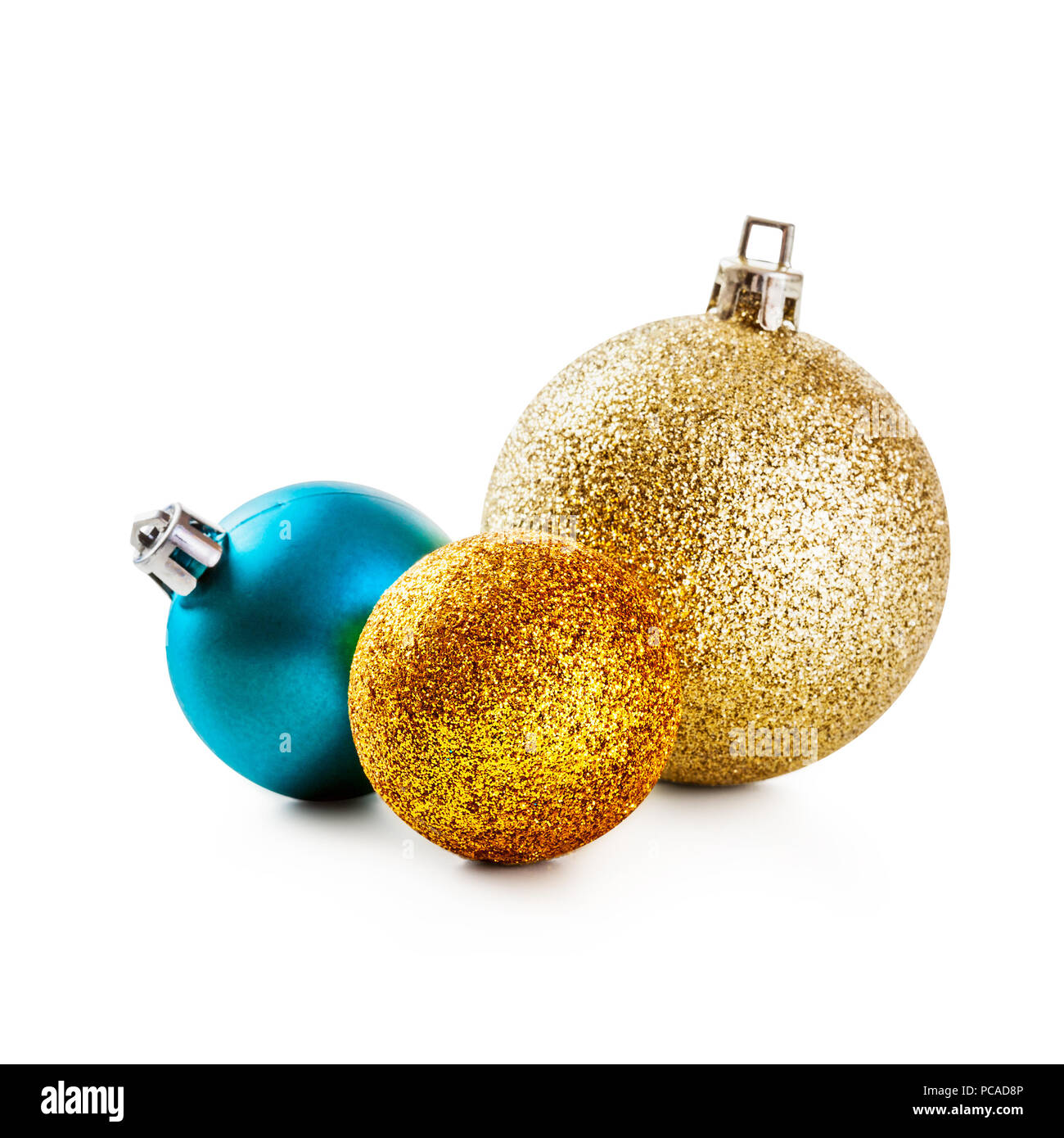 Gold and blue christmas balls isolated on white background. Design ...
