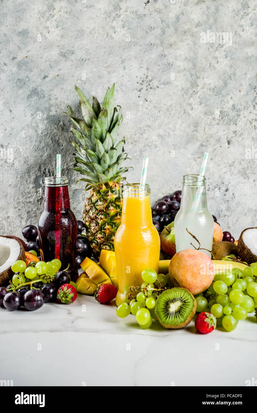 Different fruit juices smoothies concept, summer vitamins diet, with
