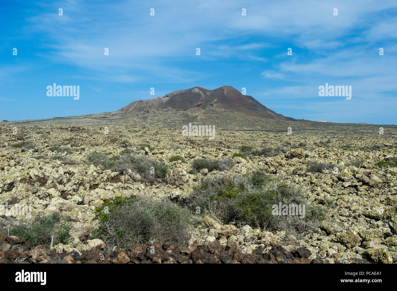 Green volcanic cone, La Oliva, Fuerteventura, Canary Islands, Spain, Atlantic, Europe Stock Photo