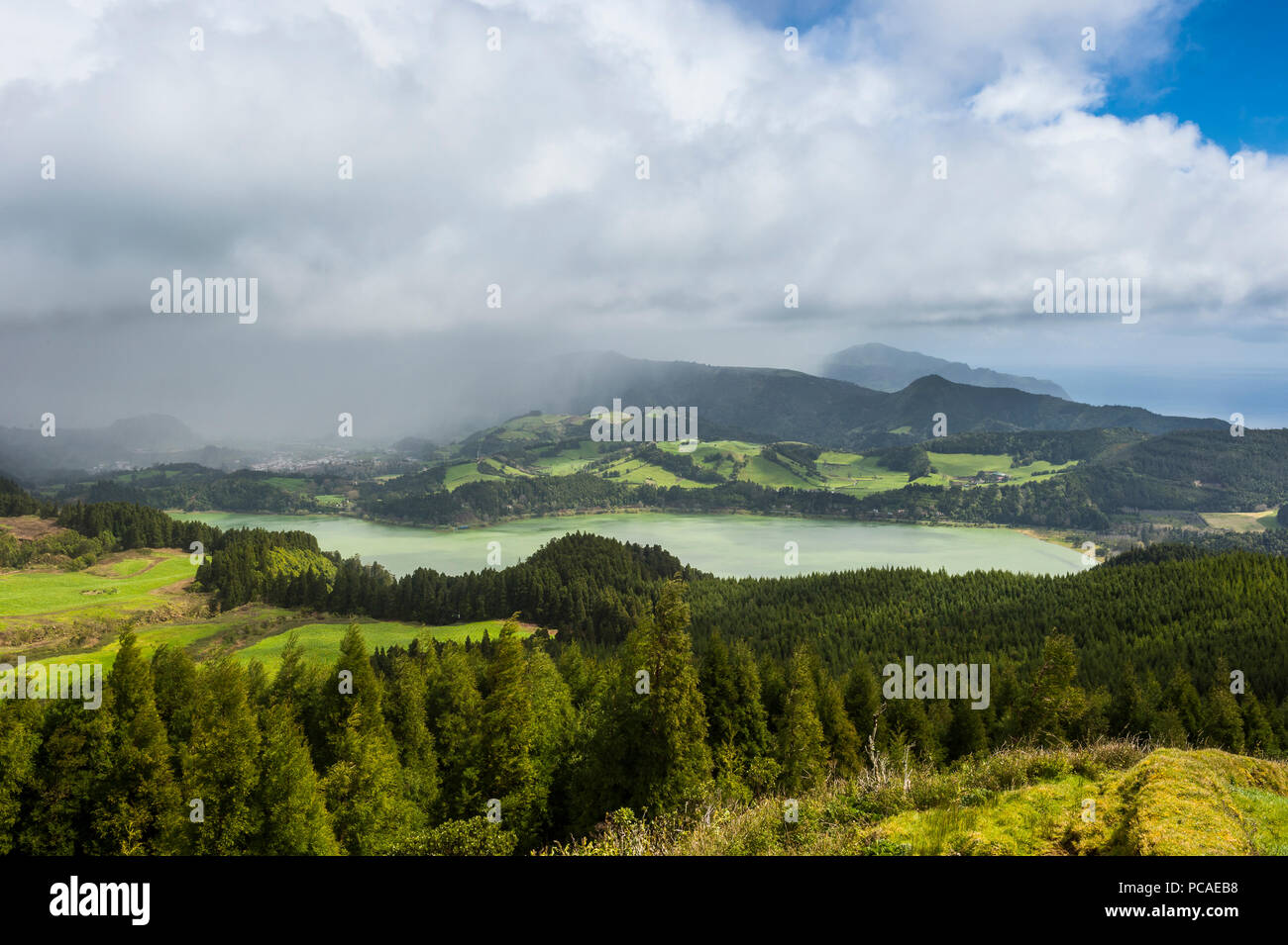 Furnas Lake from the Castelo Branco viewpoint, Island of Sao Miguel, Azores, Portugal, Atlantic, Europe Stock Photo