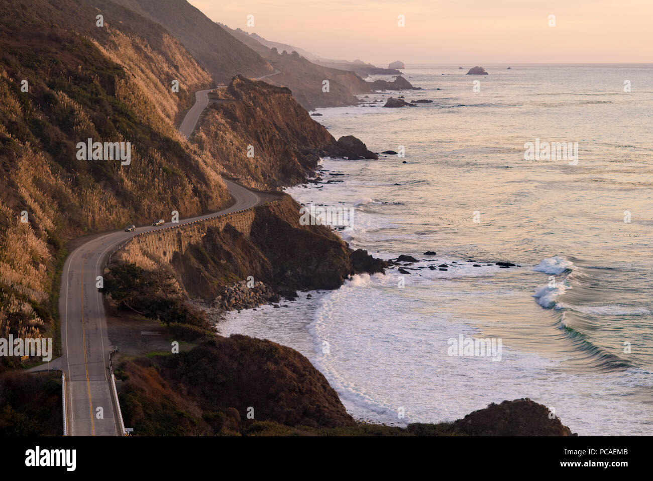 The Pacific Coast State Route Highway One in Pfeiffer Big Sur State Park between Los Angeles and San Francisco in California, USA, North America Stock Photo