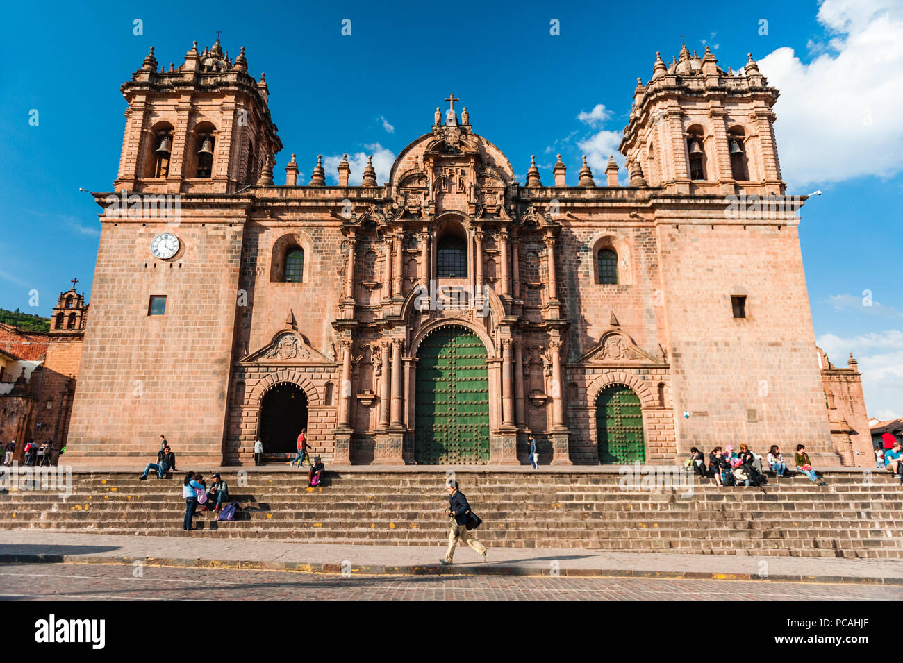 View of the stone facade of the Cathedral of Cusco. Located in Plaza de Armas, a city square of Cusco, Peru Stock Photo