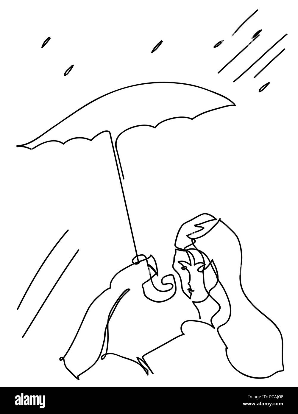 An umbrella and woman.  simple line illustration of umbrella and woman. woman in the drizzle rain. Stock Photo