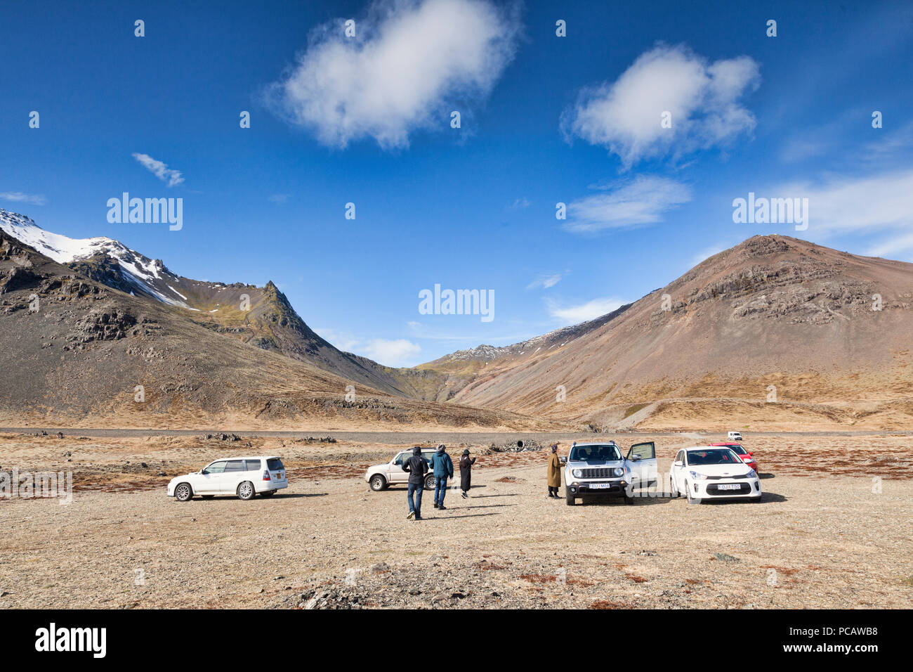 25 April 2018: South Iceland - Tourists and cars in a rest area beside the ring road in South Iceland. Stock Photo