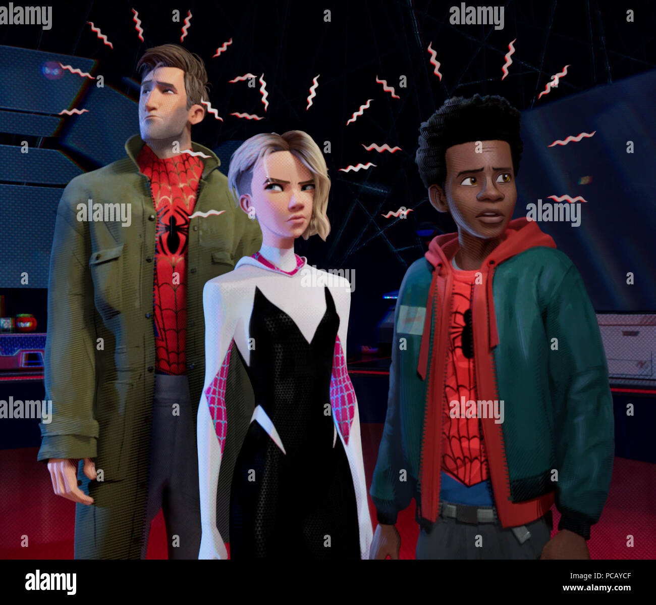 RELEASE DATE: December 14, 2018 TITLE: Spider-Man: Into The Spider-Verse STUDIO: Columbia Pictures DIRECTOR: Bob Persichetti, Peter Ramsey PLOT: Spider-Man crosses parallel dimensions and teams up with the Spider-Men of those dimensions to stop a threat to all reality. STARRING: Peter Parker (Jake Johnson), Gwen Stacy (Hailee Steinfeld) and Miles Morales (Shameik Moore). (Credit Image: © Columbia Pictures/Entertainment Pictures) Stock Photo