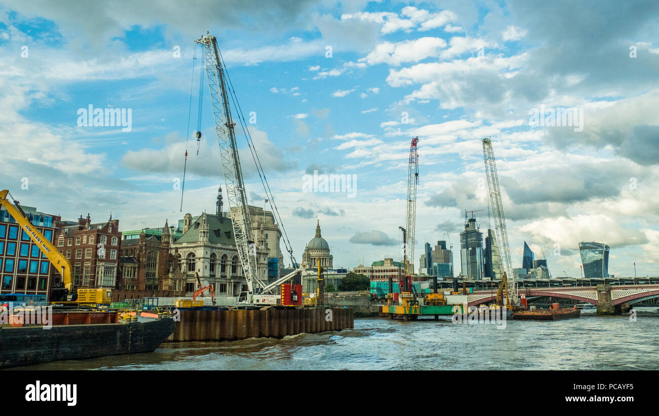North Bank of the River Thames with St Pauls Cathedral, & The Walkie Talkie in the background Stock Photo