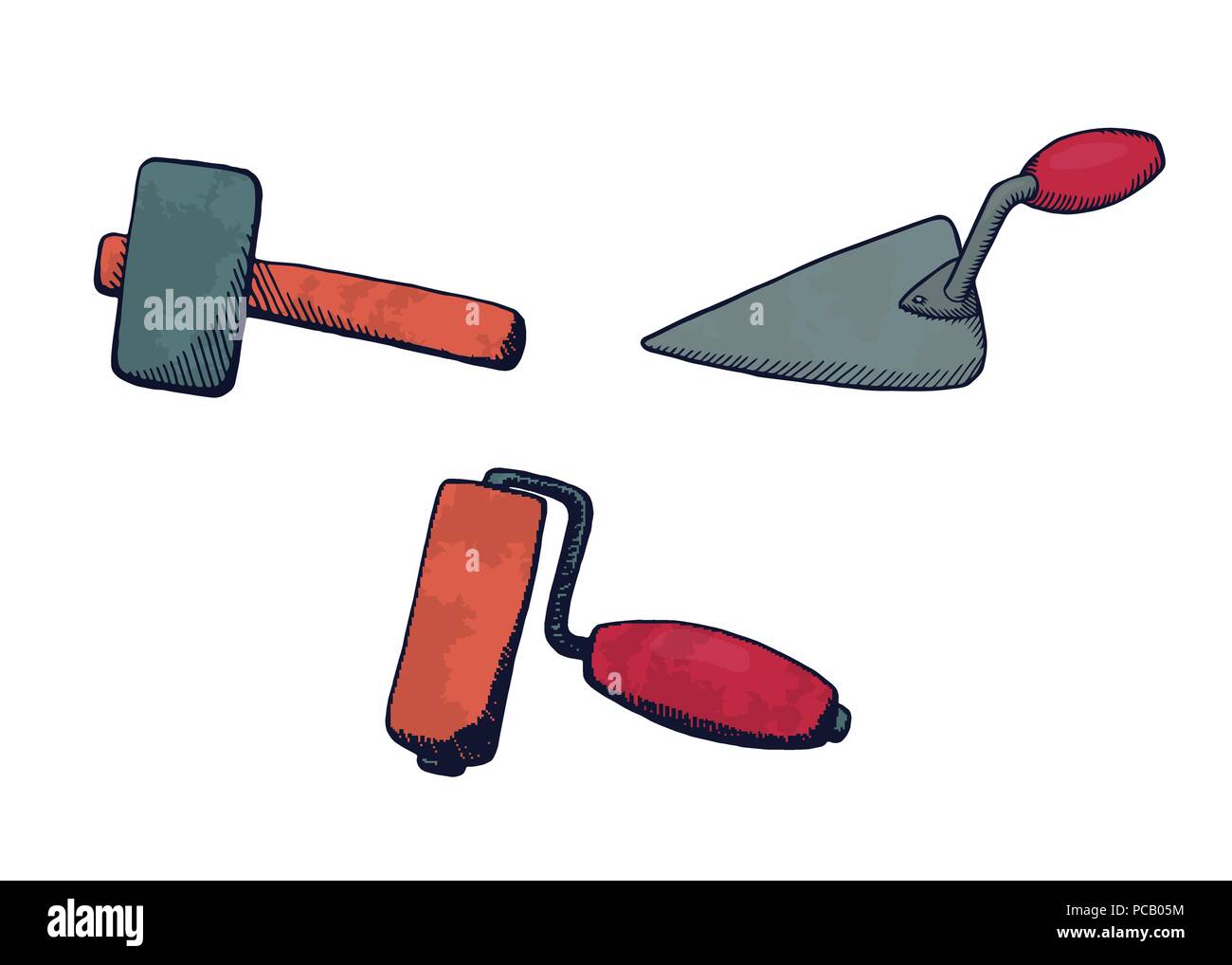 A set of construction tools. Bright design vector illustration. A hammer, a spatula and a brush