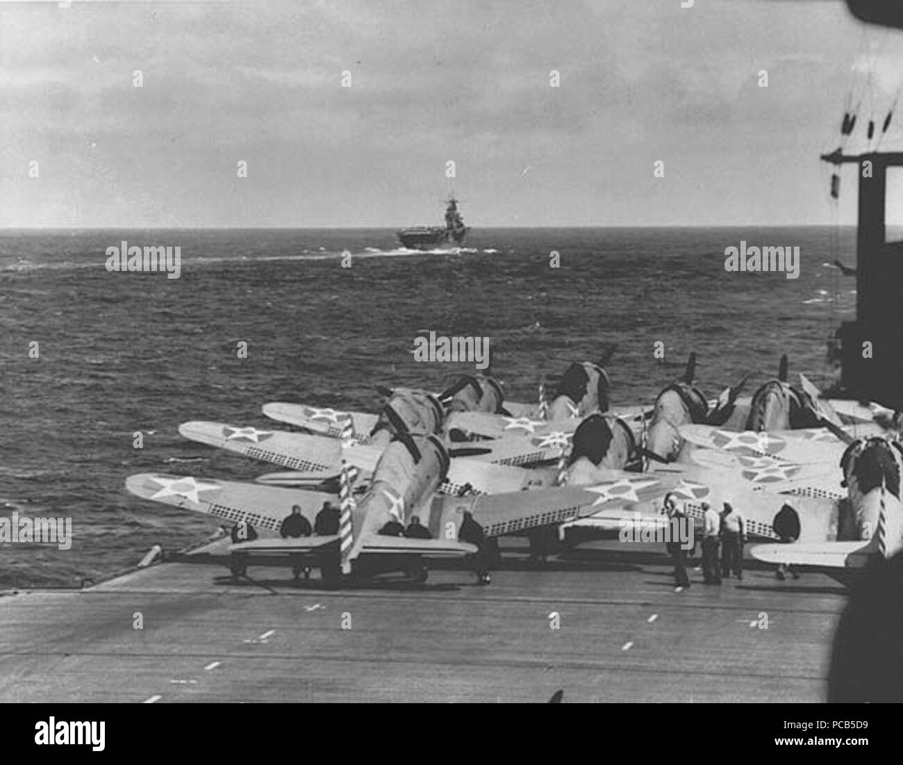 Aircraft spotted on the forward flight deck of USS Enterprise (CV-6) in April 1942. Stock Photo