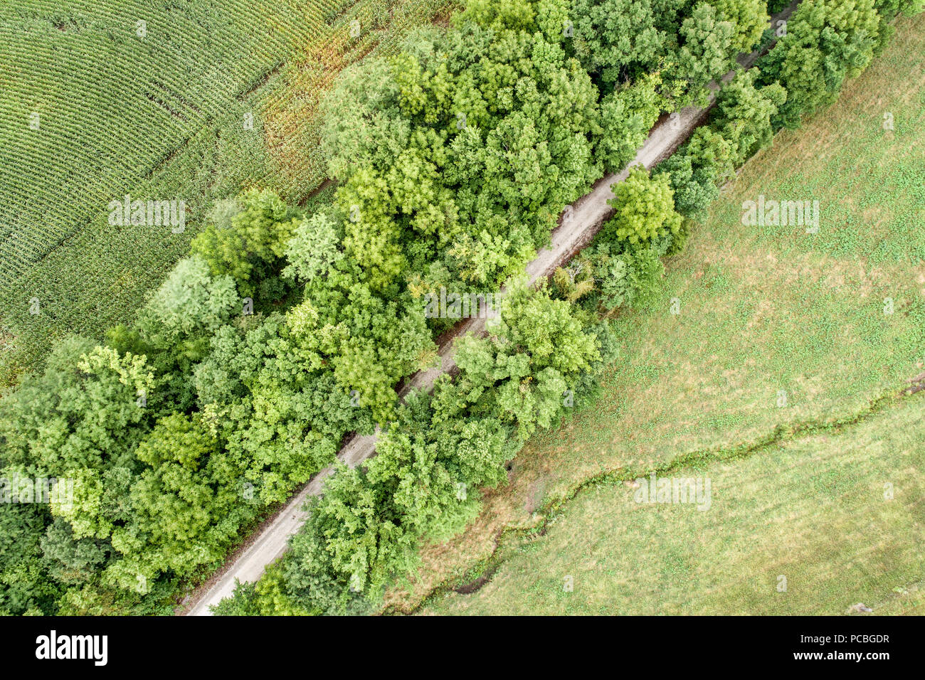 aerial view of Katy Trail near Pilot Grove, Missouri - 237 mile bike trail stretching across most of the state of Missouri converted from abandoned ra Stock Photo