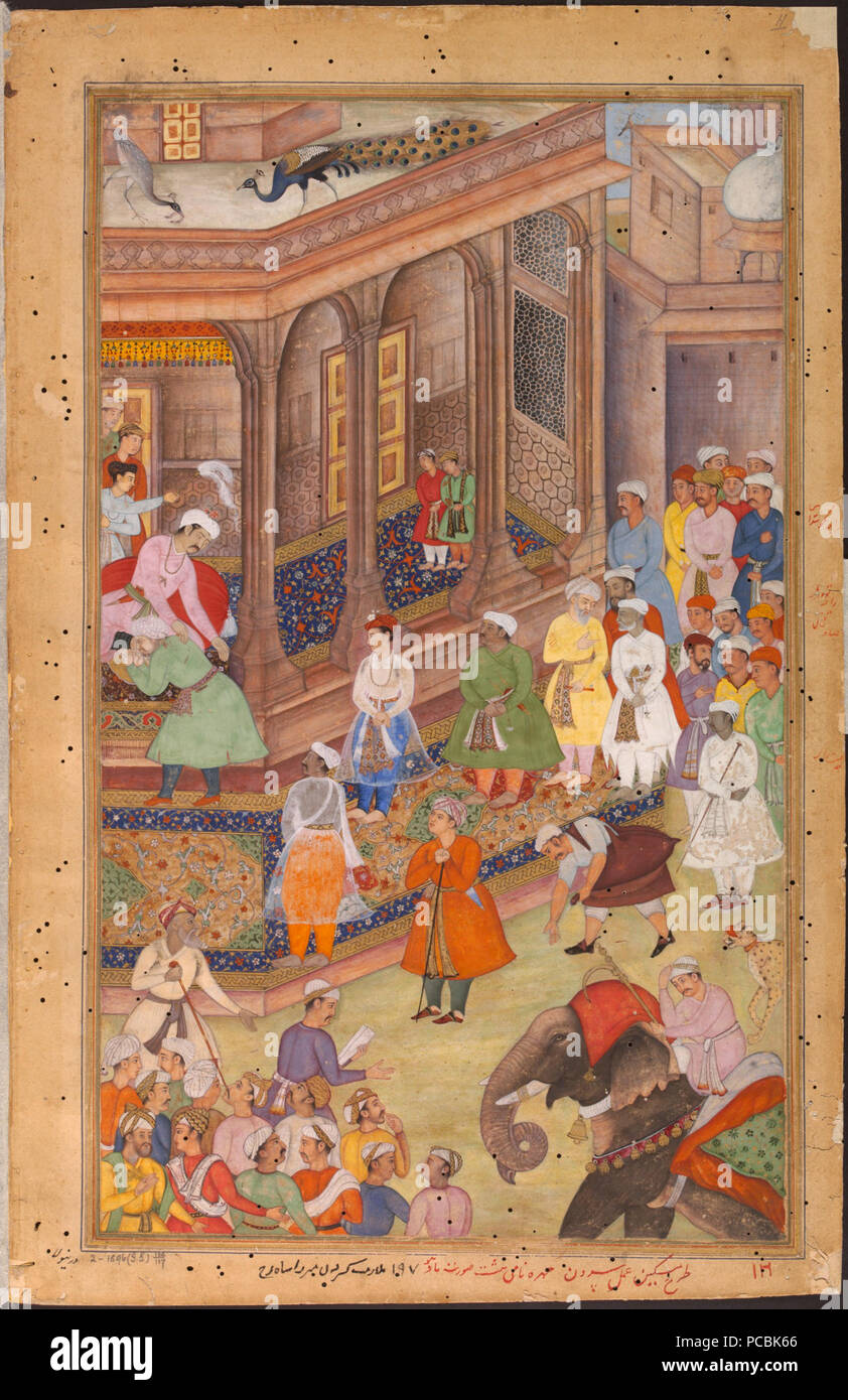 5 1577-Akbar greeting Rajput rulers and other nobles at court-Akbarnama Stock Photo