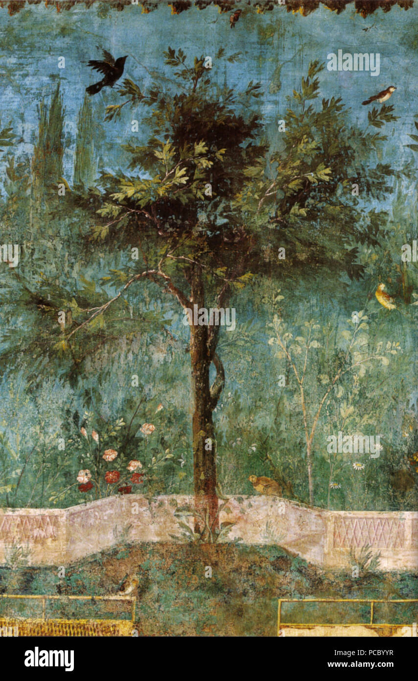 57 Villa di livia, affreschi di giardino, parete corta meridionale, pianta con uccelli Stock Photo
