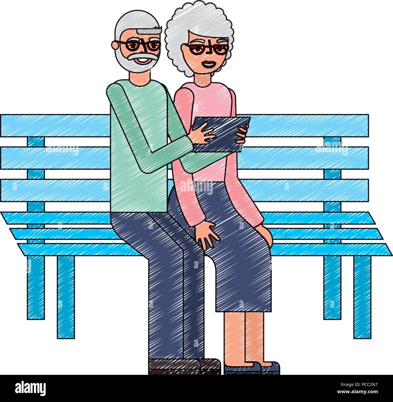 grandparents with tablet device sit in the bench vector illustration Stock Vector