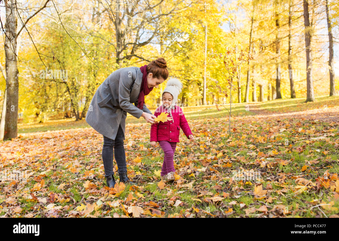 happy family with autumn leaves at park Stock Photo - Alamy