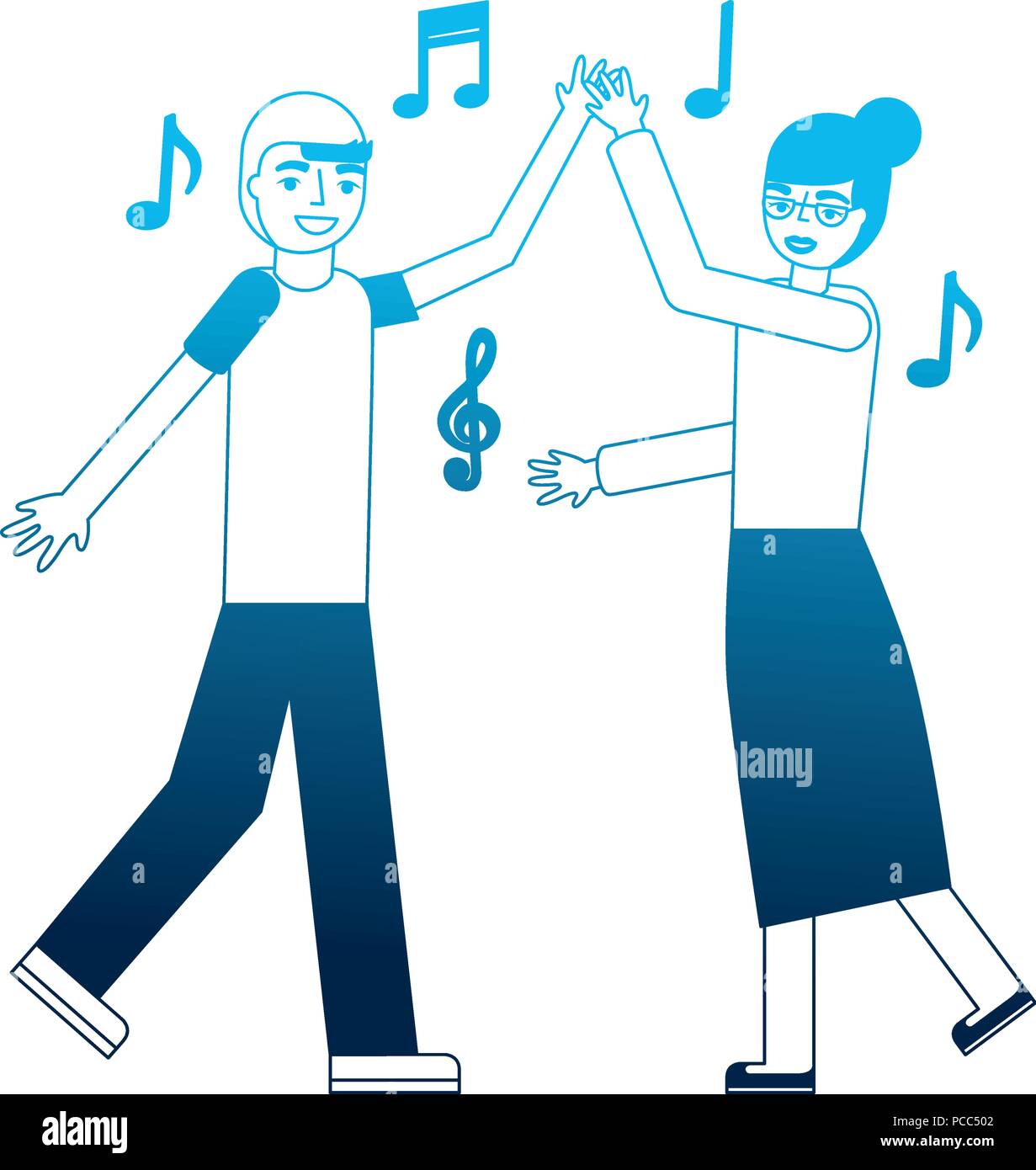 grandmother and grandson dancing music vector illustration blue neon Stock Vector