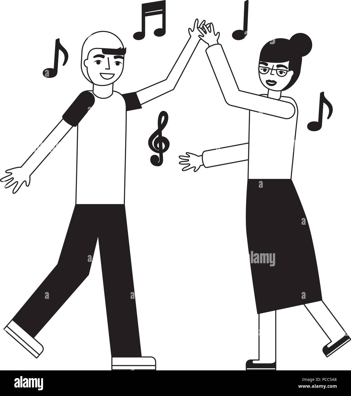 grandmother and grandson dancing music vector illustration monochrome Stock Vector