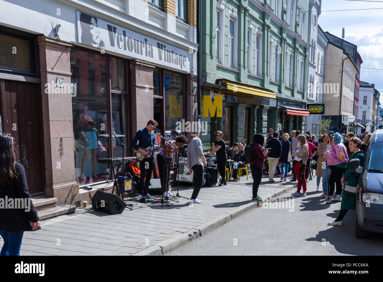 OSLO, NORWAY 28 APRIL 2018: Musical group prepares to play in the Grünerløkka area, Oslo, Norway Stock Photo